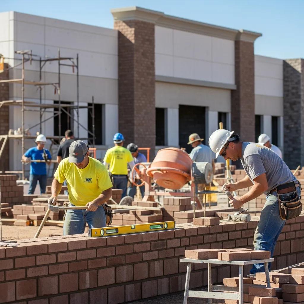 Skilled masons working on a commercial masonry project in Phoenix, showcasing craftsmanship and durable solutions
