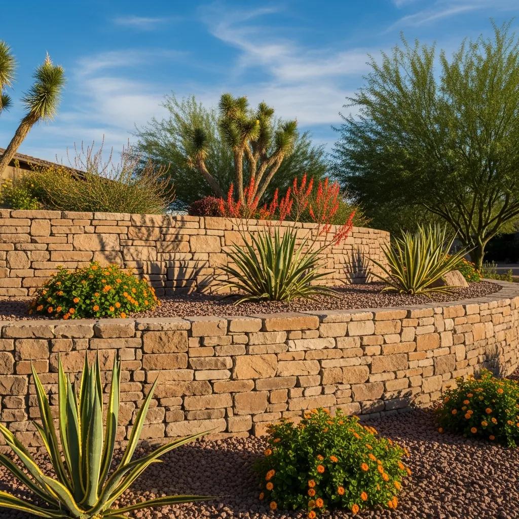 Beautifully designed retaining wall in a Phoenix landscape with desert plants