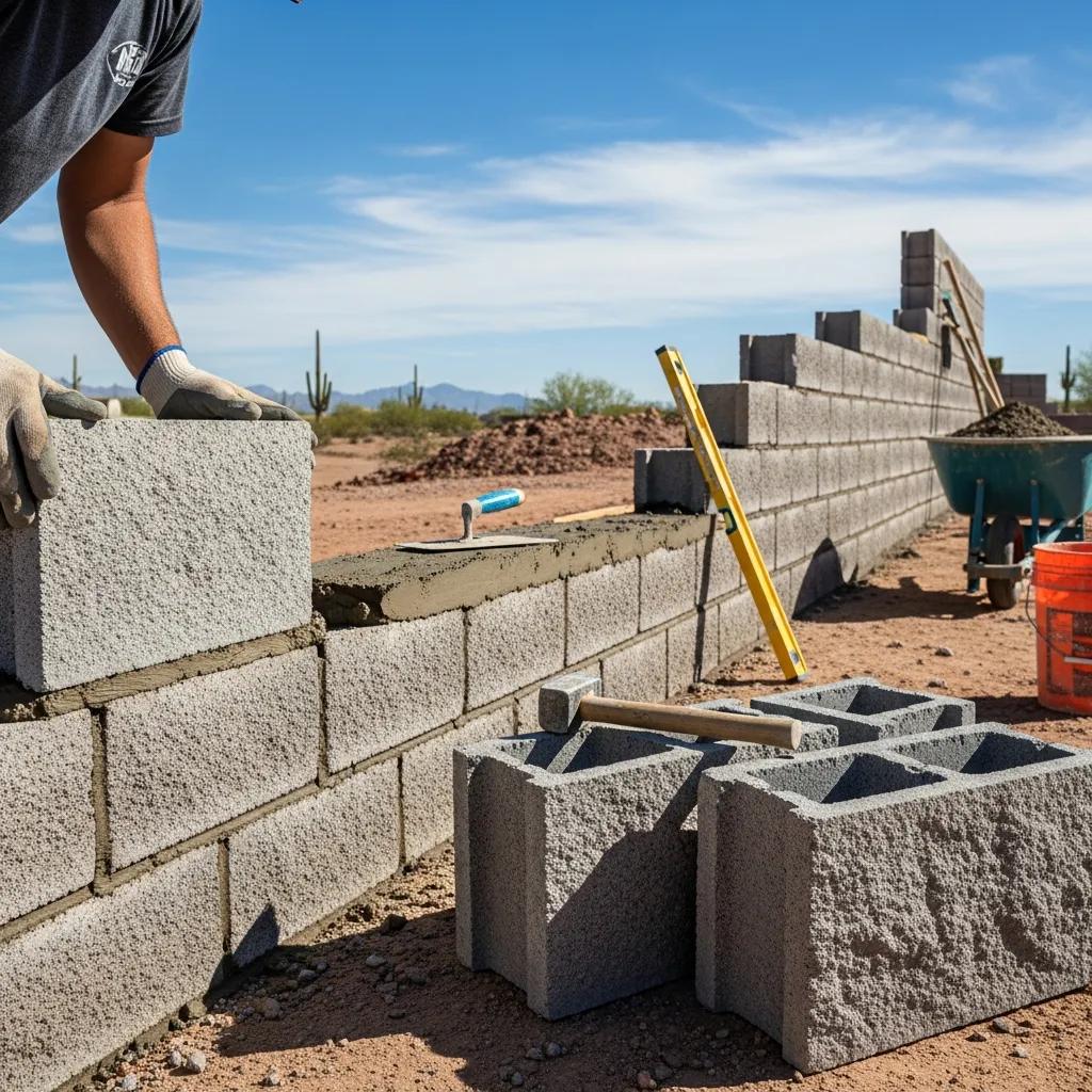 Block retaining wall under construction with masonry tools in a sunny Phoenix setting