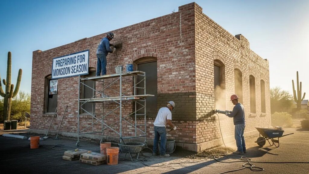 Commercial tuckpointing work in Phoenix, highlighting the importance of masonry repair before monsoon season