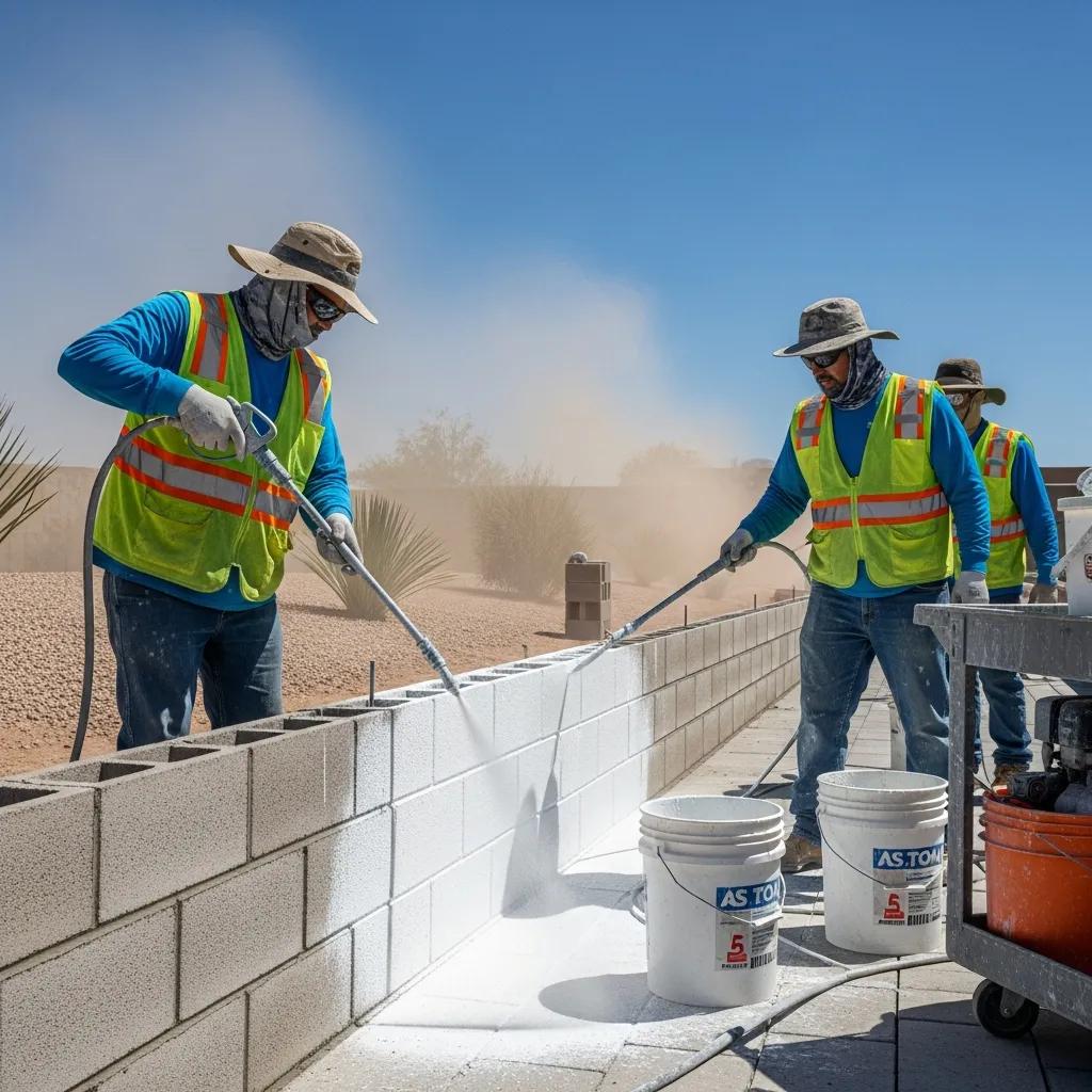 Workers applying curing techniques to CMUs in Phoenix heat