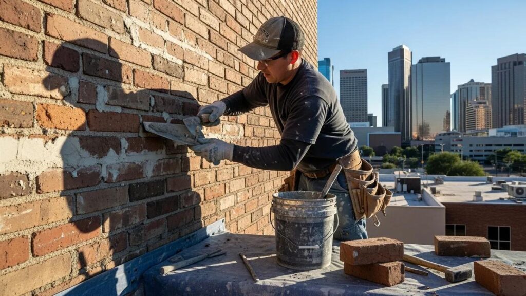Professional mason repairing brick wall in Phoenix commercial building