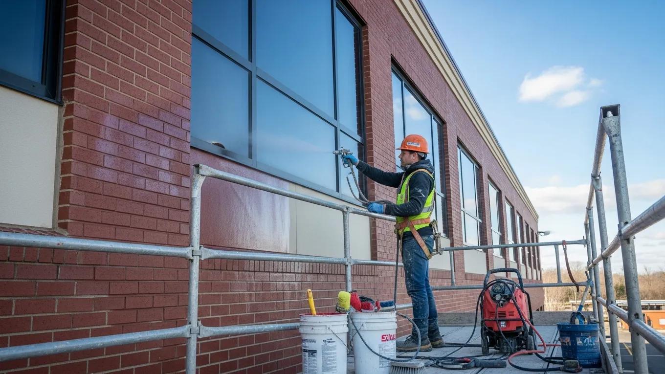 Worker applying waterproof sealant to commercial masonry